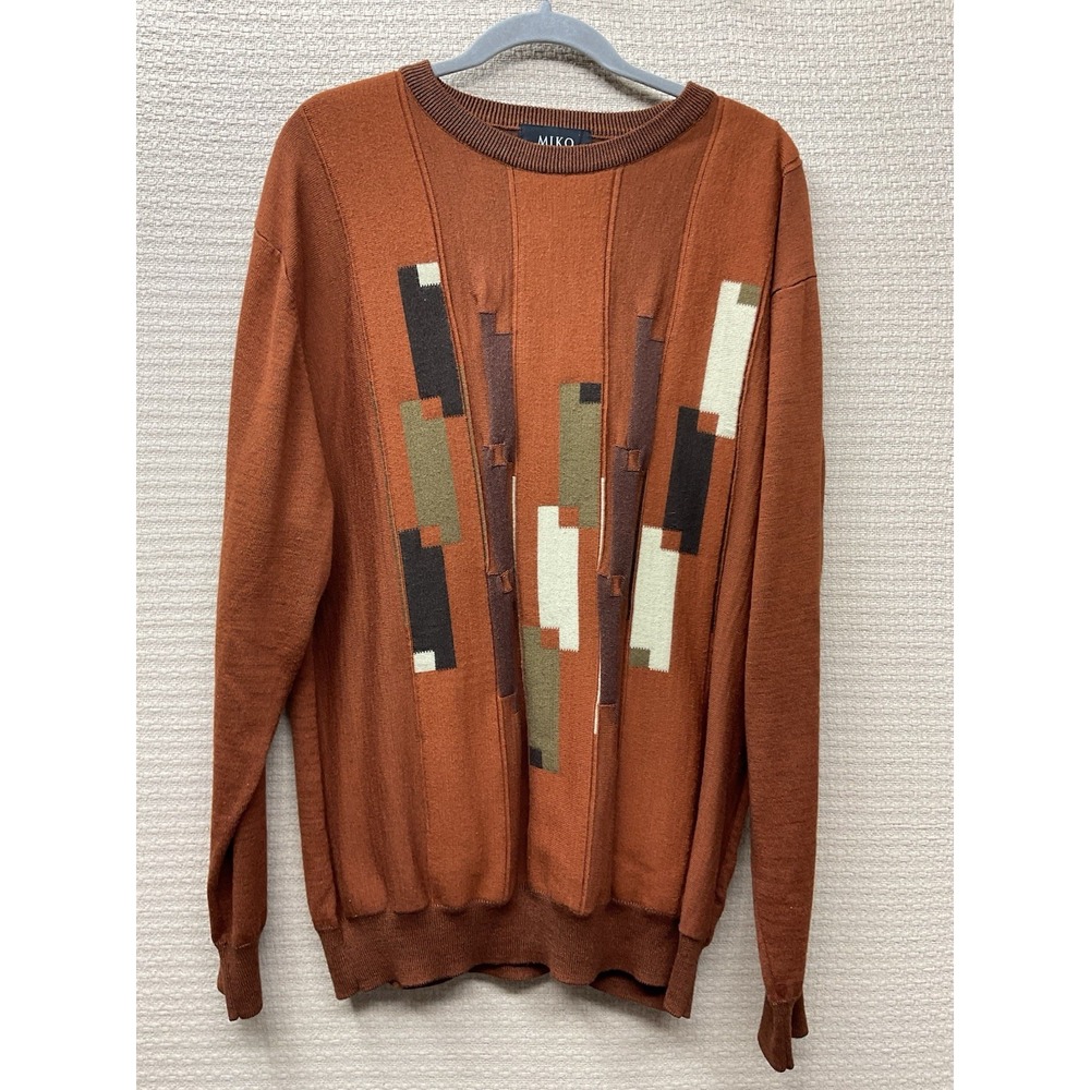 Miko Sweater Men's Size XL Orange Geometric Knit Wool‎ Blend Long Sleeve Casual